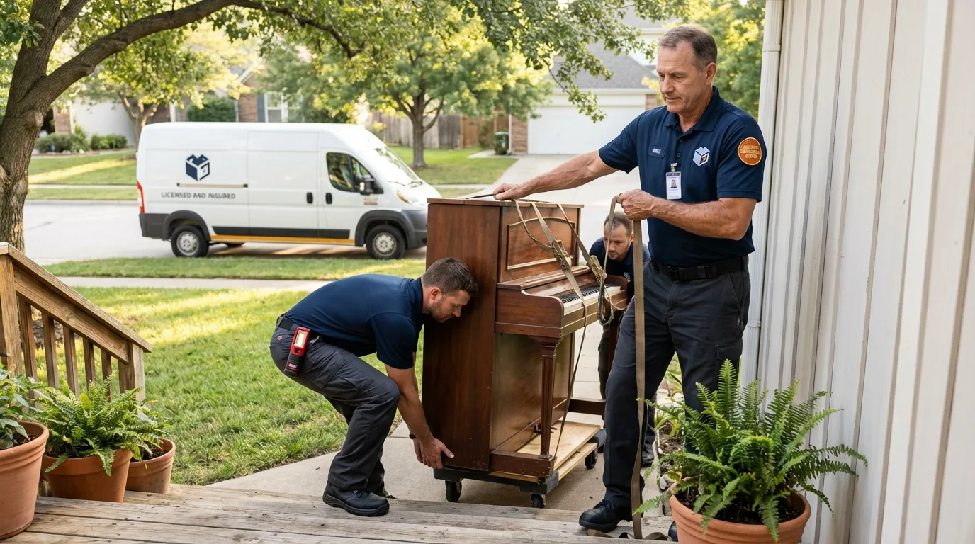 Licensed piano movers securing grand piano in Erie, IL