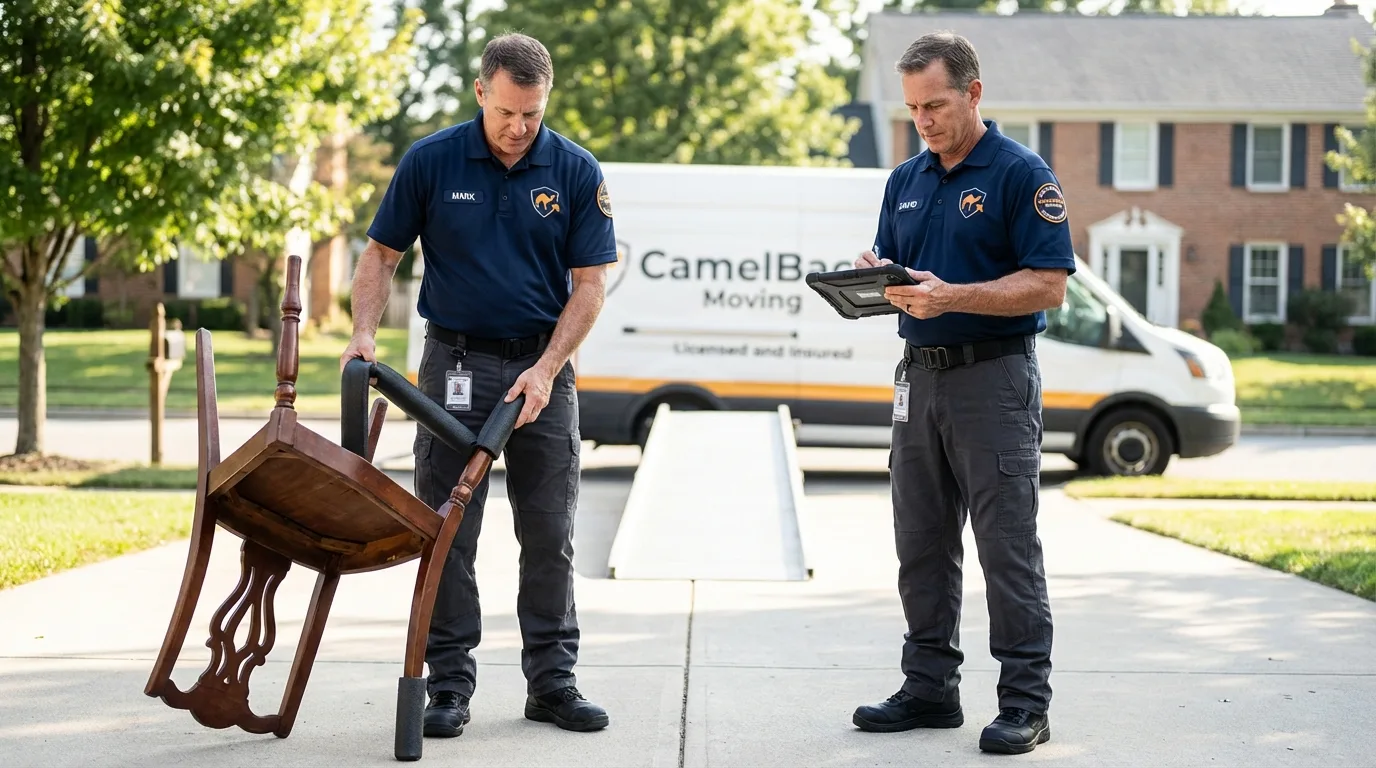 Movers inspecting furniture for damage prevention before loading in Erie, IL